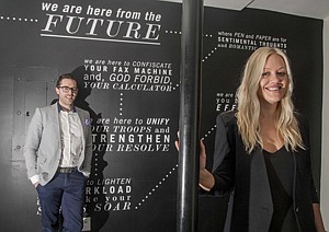 Co-founders Heath Wells, left, and Olivia Skuza at the West Hollywood headquarters of digital information firm NuOrder.