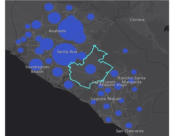 Irvine (outlined above) saw new surge in cases in past month