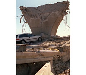 Bleak Day: A demolished Golden State Freeway ramp in Santa Clarita.