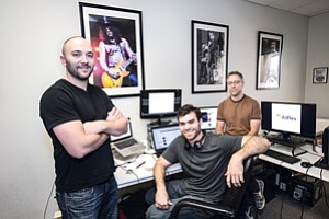 In Charge: CEO Ryan Born, Operations Manager Brett Heatley and President Brian Felsen at Sherman Oaks offices of AudioMicro, No. 1 on fastest growing private companies list.