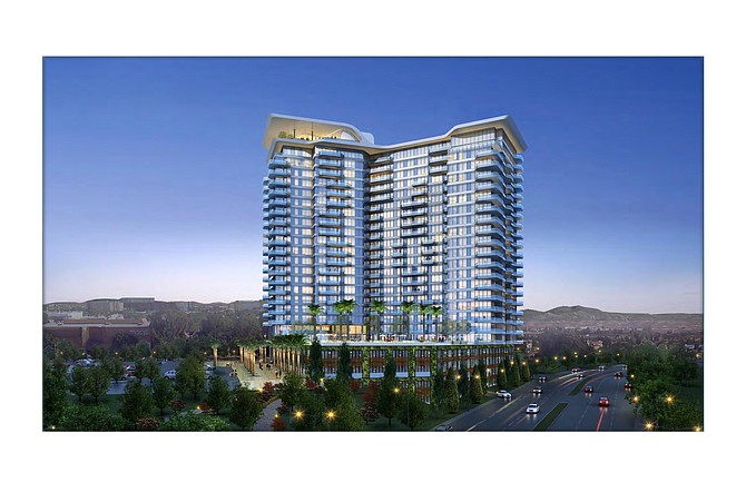 A 23-story, upscale residential tower planned on land adjacent to Westfield's mall at University Towne Center. -- Rendering courtesy of Westfield Corp.
