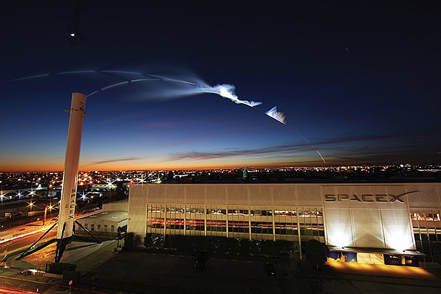 Liftoff: A SpaceX rocket launch viewed from company’s Hawthorne HQ.
