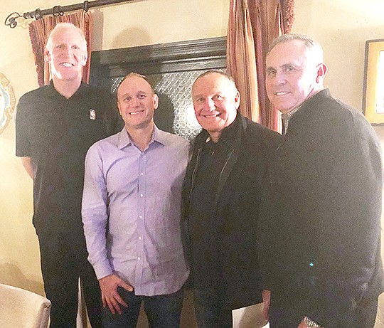 Bill Walton, left, Chad Nelson, Greg Nelson and Brad Holland at a $10,000 dinner at Vigilucci’s Trattoria Italiana in Leucadia to benefit the Boys and Girls Clubs of Carlsbad. Photo courtesy of the Boys & Girls Clubs of Carlsbad