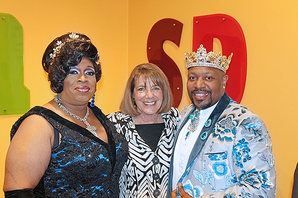 Susan Davis, center, with the 47th Monarch of the Imperial Court de San Diego, Empress Gigi Masters and Emperor Darnelle. Photo courtesy of Summer Furzer, San Diego History Center