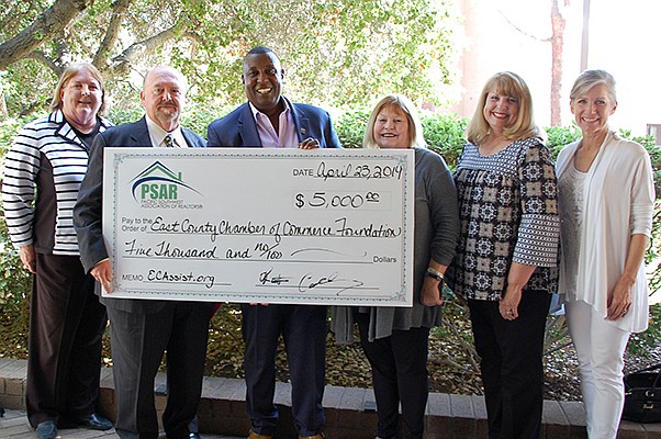 Tracy Morgan Hollingworth, left, Joe Mackey, Robert Calloway, Kay LeMenager, Carol Lewis, Anna Marie Piconi Snyder at a check presentation toa the San Diego East County Chamber of Commerce Foundation. Photo courtesy of the Carlsbad Charitable Foundation