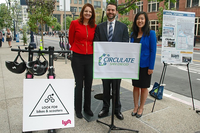 Climate Action Campaign founder and Executive Director Nicole Capretz, left, Circulate San Diego Executive Director and General Counsel Colin Parent and Lyft San Diego Market Manager Hao Meng launch Lyft’s year-long safety and sustainability campaign in support of the City of San Diego’s Vision Zero and Climatae Action Plan. Photo courtesy of Lyft San Diego