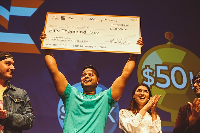 Neuralace CEO and Founder Shiv Shukla won the first place prize of $50,000 at the Qualcomm Pitch event. Photo courtesy of Carly Matsumoto.
