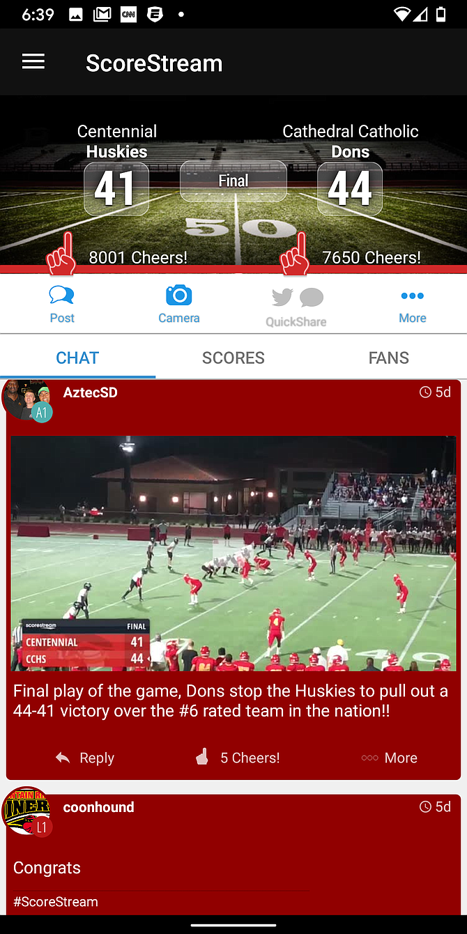 The ScoreStream app is free to use for fans. Photo courtesy of ScoreStream.