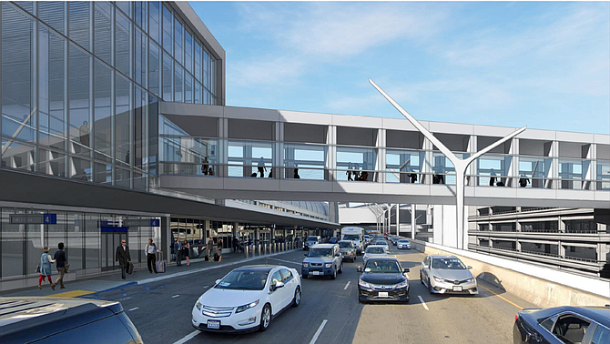 The pedestrian bridge at LAX is constructed with partially prefabricated steel trusses.