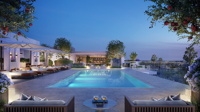 A rendering of the rooftop pool, bar and lounge.