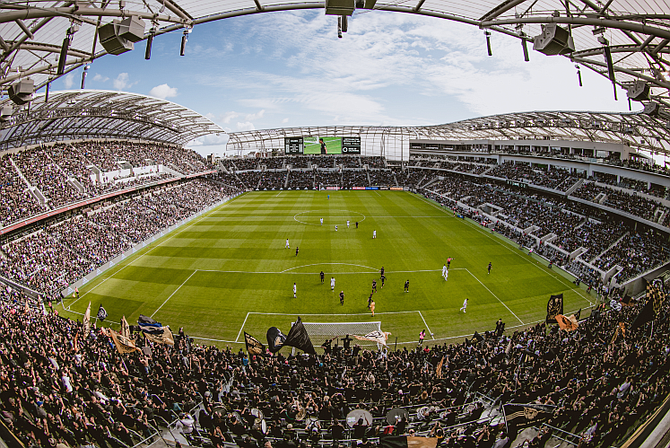 Packed stands at a game between LAFC and the Portland Timbers.