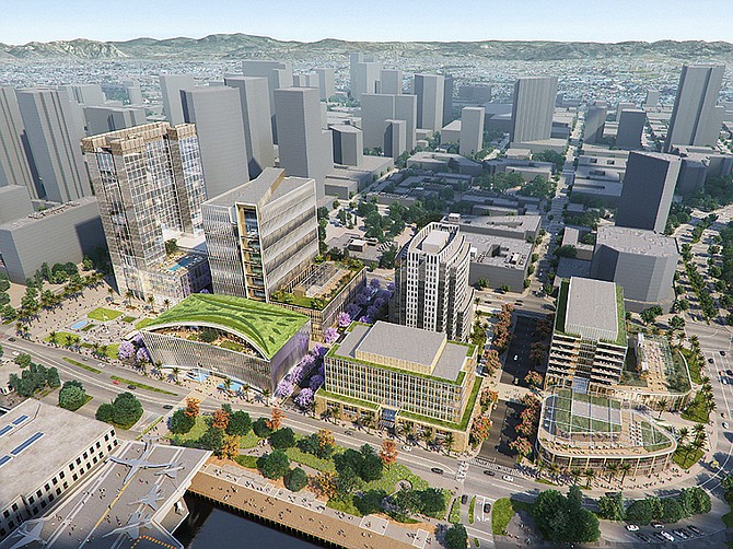 Rendering courtesy of IQHQ
An artist's rendering shows how the $1.5 billion San Diego Research and Development District (RaDD) may look at completion. The complex will include a new park as well as the recently completed U.S. Navy headquarters building.