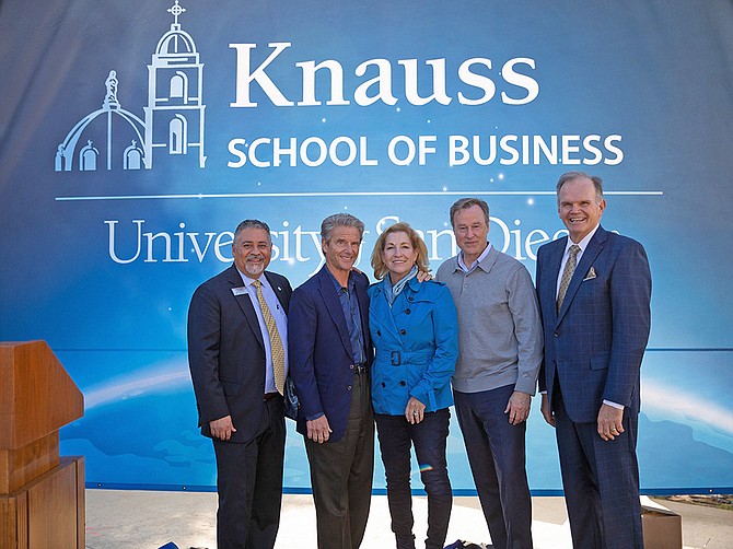 Photo courtesy of USD.
(From left to right) Rick Virgin (Vice President of University Advancement), Don Knauss, Ellie Knauss, Tim Keane, PhD (Dean of The Knauss School of Business) and President James T. Harris III at the Dec. 3 event announcing the $50M donation.