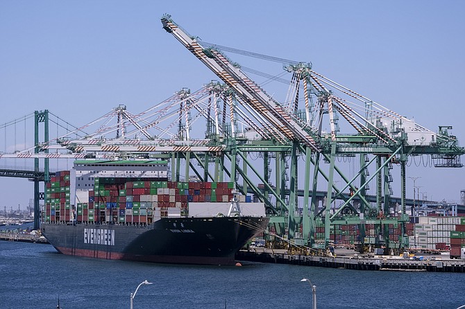 A loaded cargo ship at the Port of Los Angeles.