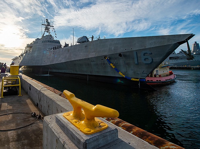 Photo courtesy of U.S. Navy
In this 2018 view, the USS Tulsa arrives at Naval Base San Diego prior to its commissioning. The ship’s builder, Austal USA, has established a shipyard in National City to serve the ongoing maintenance needs of Littoral Combat Ships such as the Tulsa. Its expansion plans include a 531-foot dry dock.