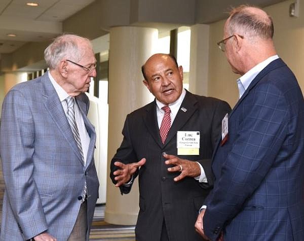 Correa, center, at Business Journal's Family-Owned Business Awards event last August. With Tait & Associates' Chairman Emeritus Kenneth Tait (left) and CEO Tom Tait, the former mayor of Anaheim