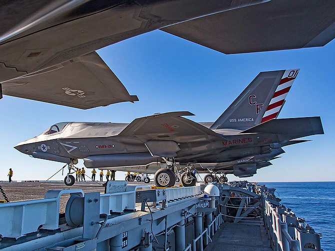 Photo courtesy of Lockheed Martin Corp.
An F-35B aircraft seen on the flight deck of the USS America. The Pentagon has placed orders for long lead materials, parts and components for 105 more aircraft, bringing approximately $17 million worth of work to San Diego subcontractors. Prime contractor Lockheed Martin could end up building more than 3,000 F-35s.