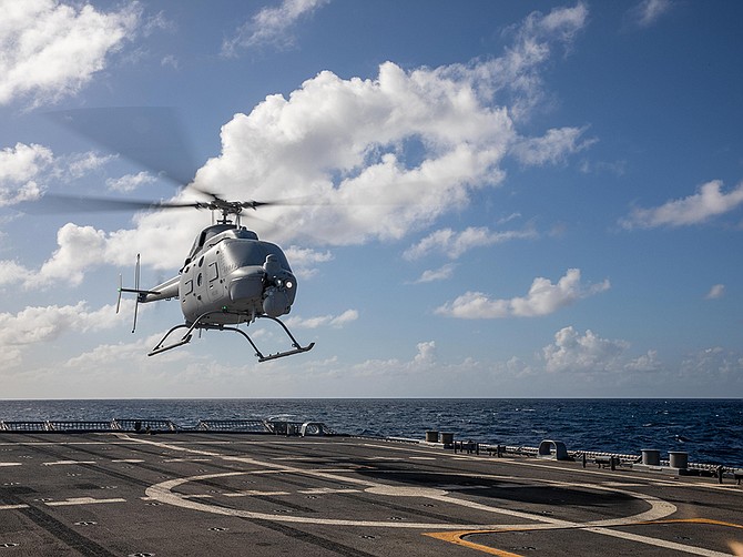 Photo courtesy of U.S. Navy
The MQ-8C Fire Scout is a remotely operated helicopter that operates from littoral combat ships. The aircraft is shown taking off from the deck of the USS Milwaukee on Jan. 6. Prime contractor Northrop Grumman runs the program from San Diego.