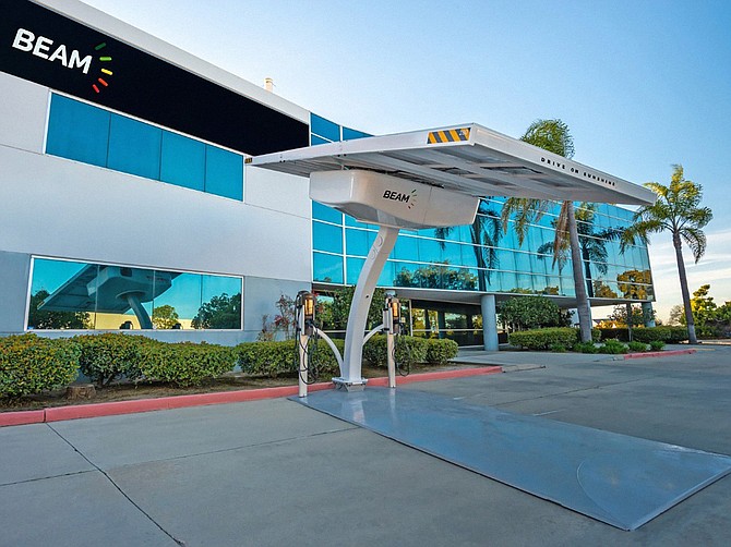 Beam Global’s portable electric vehicle charging station displayed at the company’s Miramar headquarters. Photo courtesy of Beam Global.