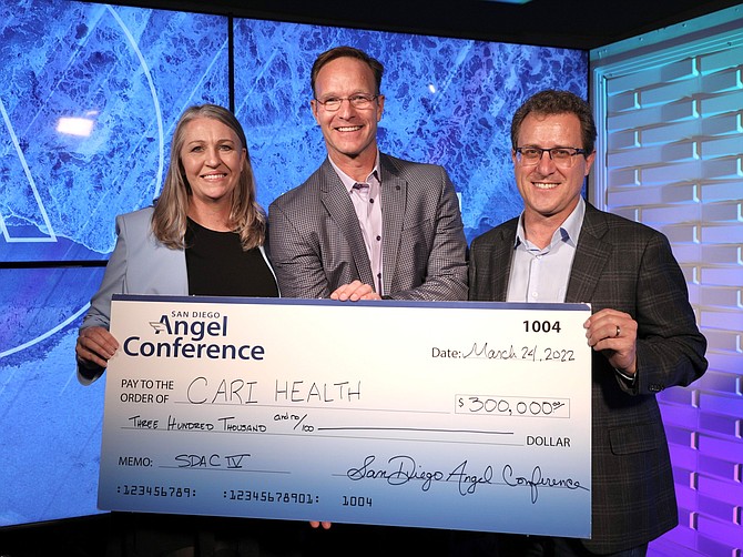 Left to right: San Diego Angel Conference Founder Mysty Rusk; CARI Health Founder Patrik Schmidle; SDAC IV Fund Manager Brian Engleman. (Photo courtesy San Diego Angel Conference)