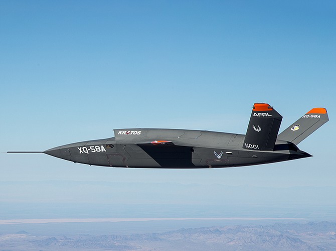 The Kratos XQ-58A unmanned aircraft, also known as the Valkyrie, during its first flight in March 2019 at Yuma Proving Grounds. (Photo courtesy of U.S. Air Force)
