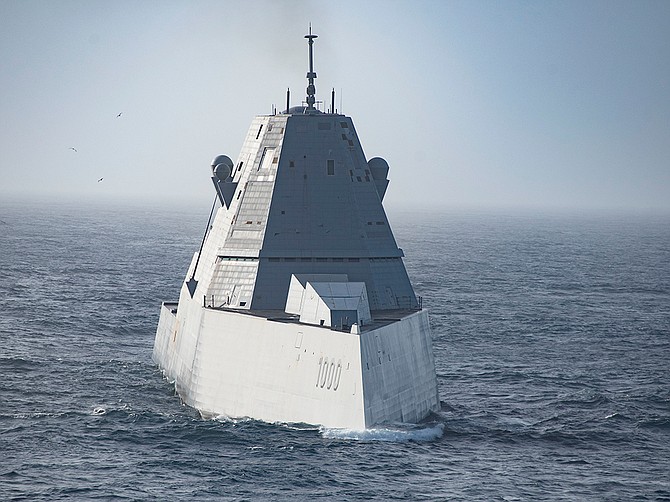The San Diego-based destroyer USS Zumwalt (also known as DDG 1000) steams through the Pacific Ocean on April 9. Raytheon will support Zumwalt-class ships under a new contract. Photo courtesy of U.S. Navy