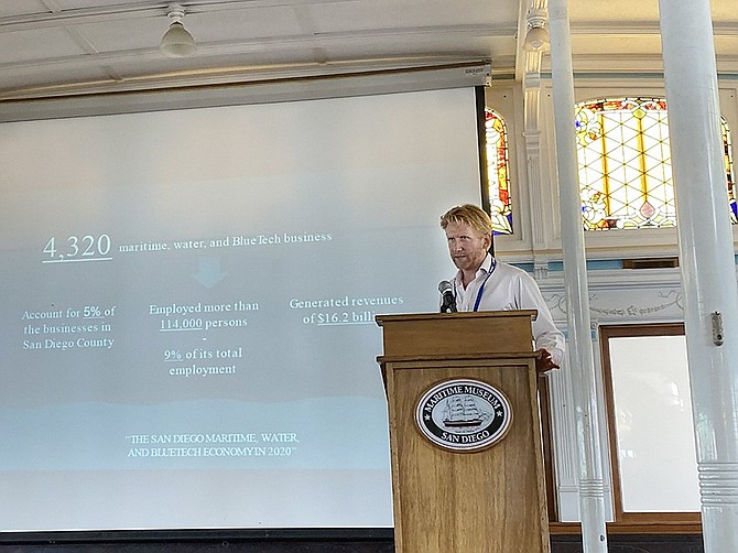 Matt Classen presents the findings of the “The San Diego Maritime, Water and Bluetech Economy in 2020” report aboard the Maritime Museum’s steam ferry Berkeley. Photo by Jeff Clemetson