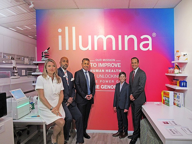 Gathered at Illumina’s new site at McGrath JA BizTown, are (left to right) Aimee Hoyt, chief people officer at Illumina; Sidd Vivek, president and CEO of Junior Achievement of San Diego County; Sam Samad, CFO of Illumina; Turtleback Elementary School fifth grader Kyle Schwartz; and San Diego City Councilmember Raul Campillo. Photo by Karen Pearlman