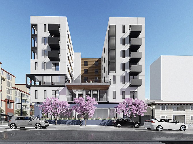 The Helm apartment project is being built by Affirmed Housing in San Diego’s Cortez neighborhood at the edge of Little Italy. Rendering courtesy of Affirmed Housing